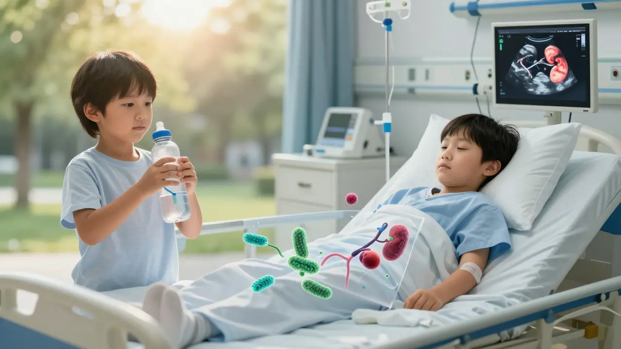 Dítě v zdravém prostředí vs. dítě v nemocnici s ultrazvukem ledvin.