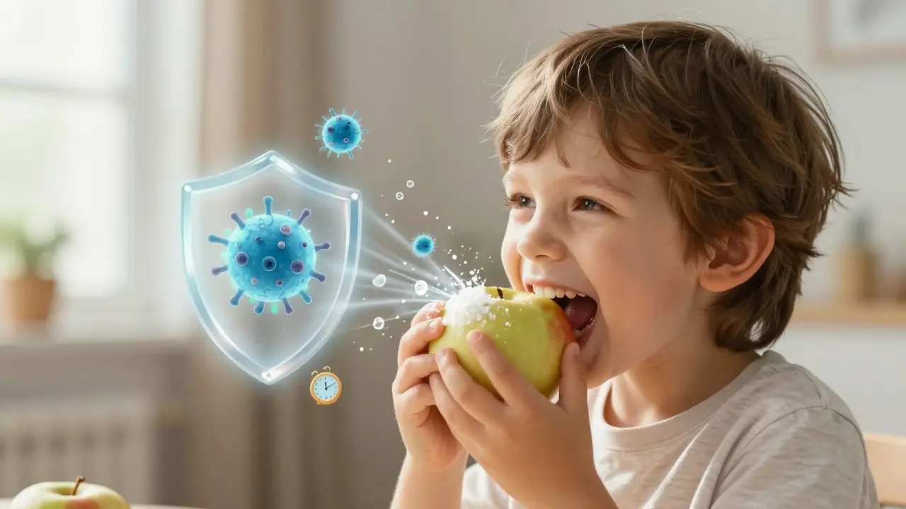 Dítě žvýkající jablko, s ochrannými silami sliny chránícími zuby a ústa.