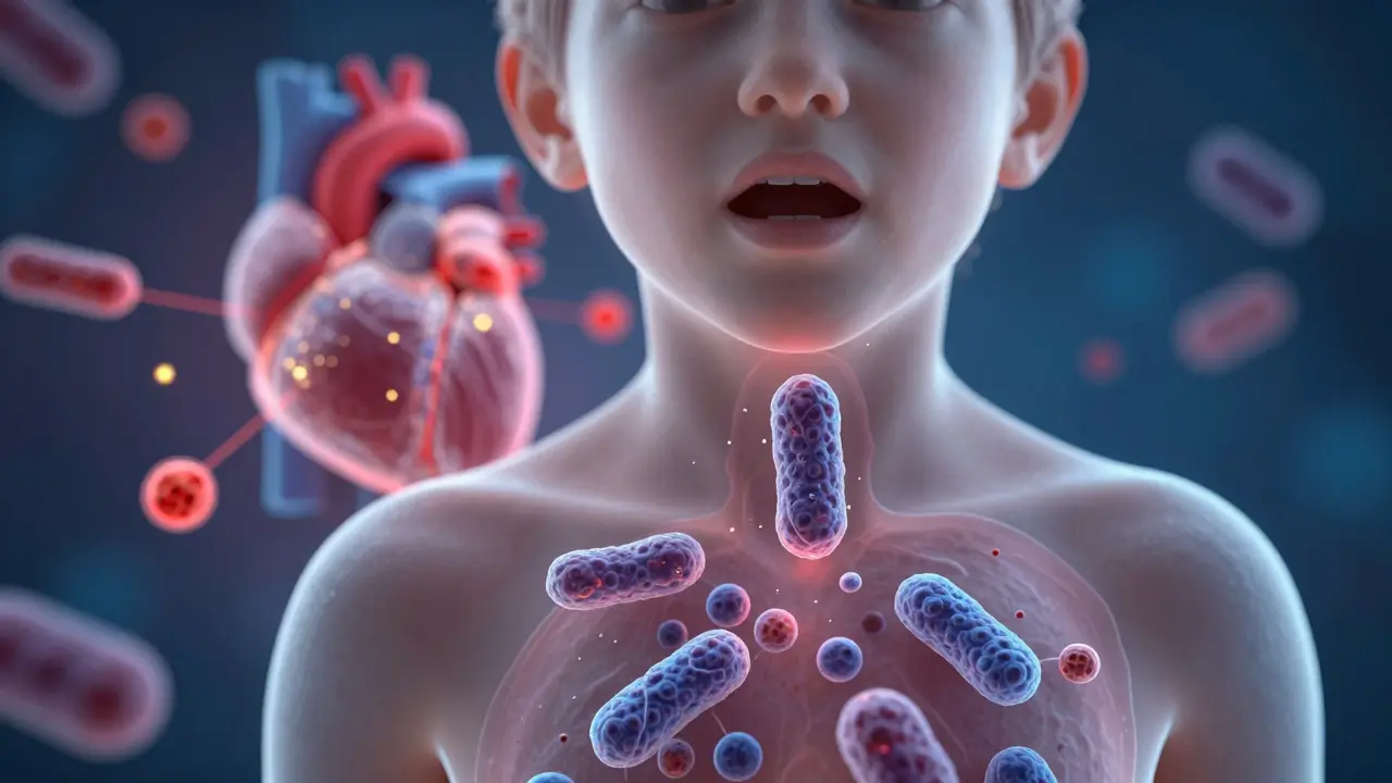 Ilustrace imunitní reakce, kde tělo útočí na vlastní srdcovou chlopni po infekci streptokokem.