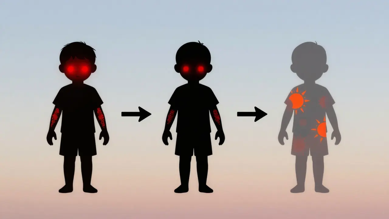 Koncepční obraz časové osy vyrážky páté nemoci na siluetě dítěte.