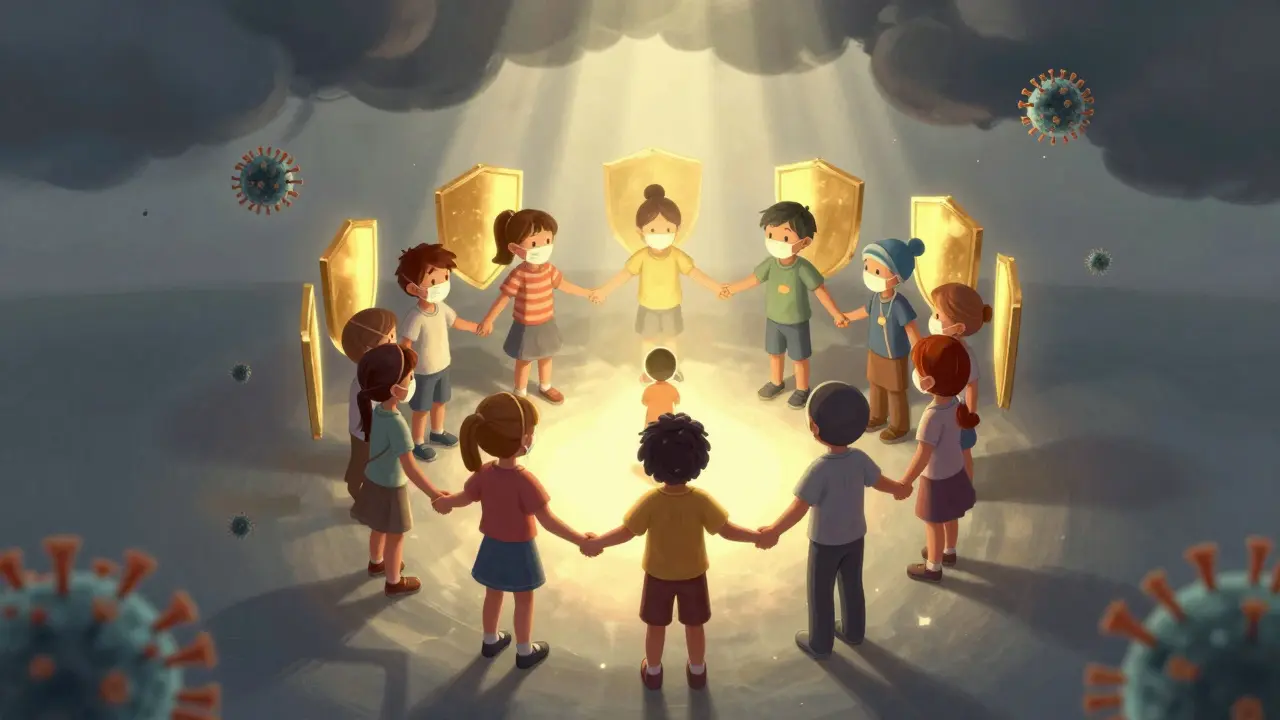 Kruh očkovaných dětí chrání jedno neocelované dítě před viry, slunce svítí zhora.