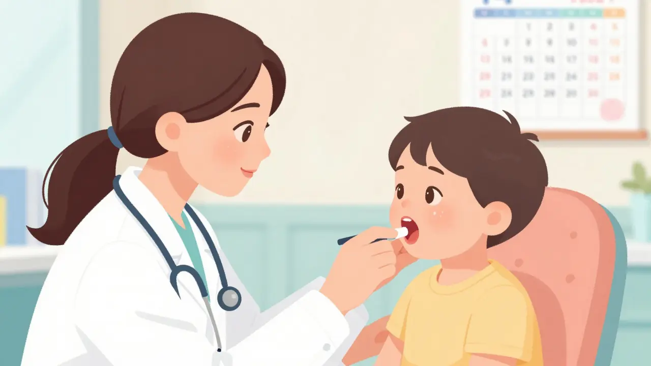 Lékař prohlíží ústa dítěte a vidí bílé skvrnky, matka ho podržuje.