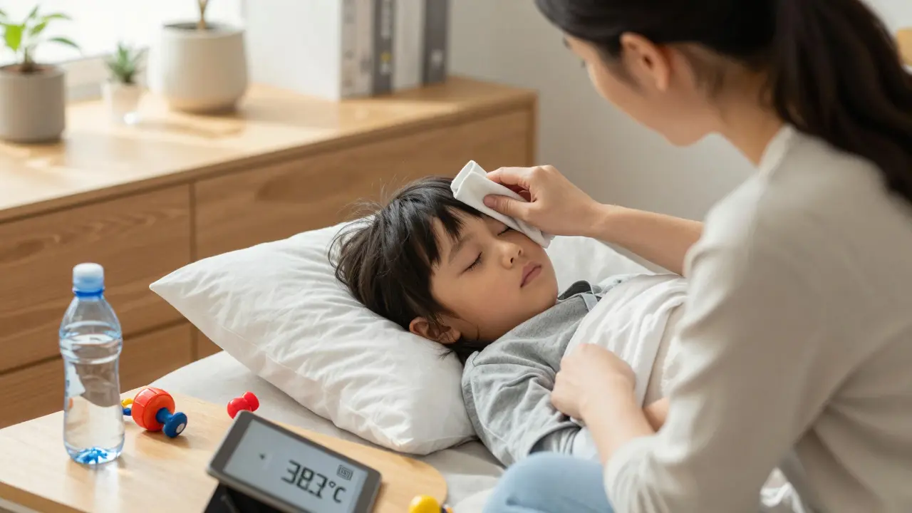 Matka klidně ošetřuje horečnaté dítě v bytě, dítě spí, teplota je pod 39 °C, voda je poblíž.