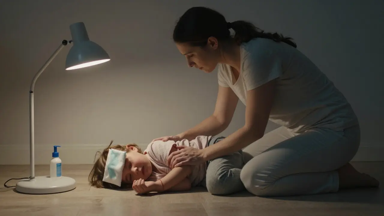 Matka položí dítě na bok během křečí z horečky, chladná látky na čele.