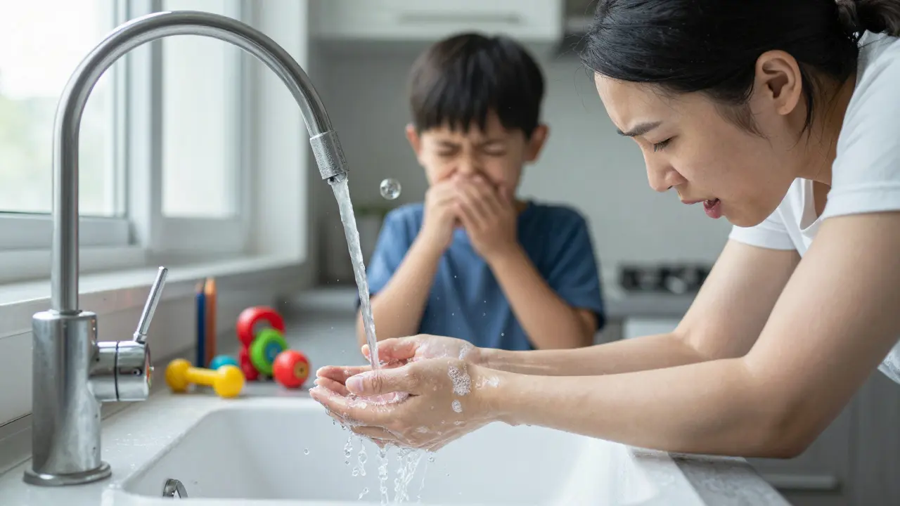 Matka si myje ruce, zatímco kolem ní jsou kontaminované předměty jako hračky a dveře.