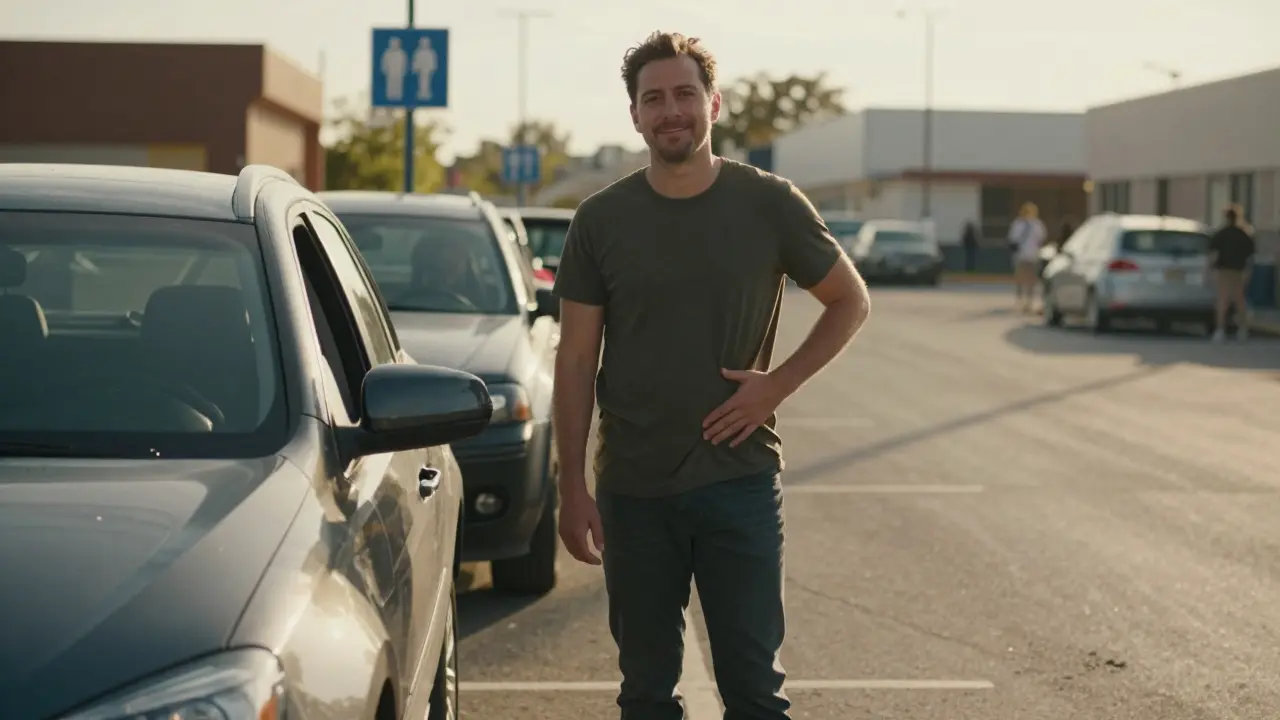 Muž vystupuje z auta s klidným výrazem, v pozadí viditelný záchod.