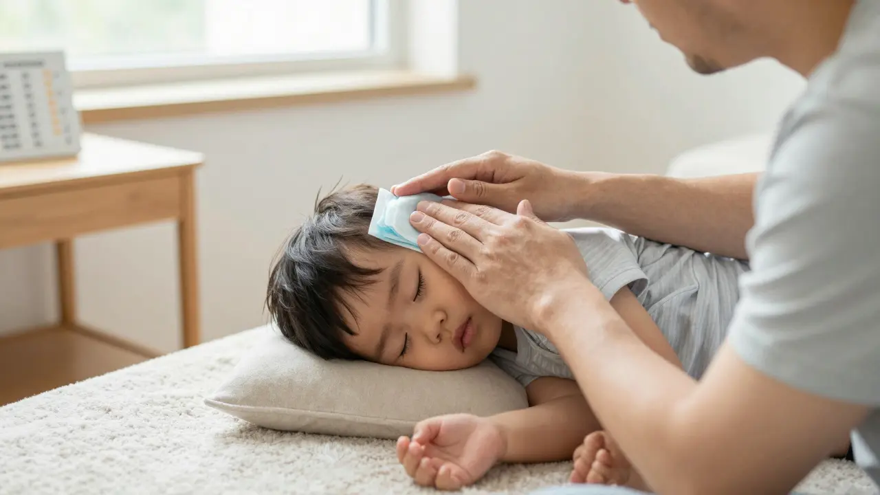 Otec aplikuje vlažný obklad na čelo dítěte, které klidně spí v lehkém oblečení.