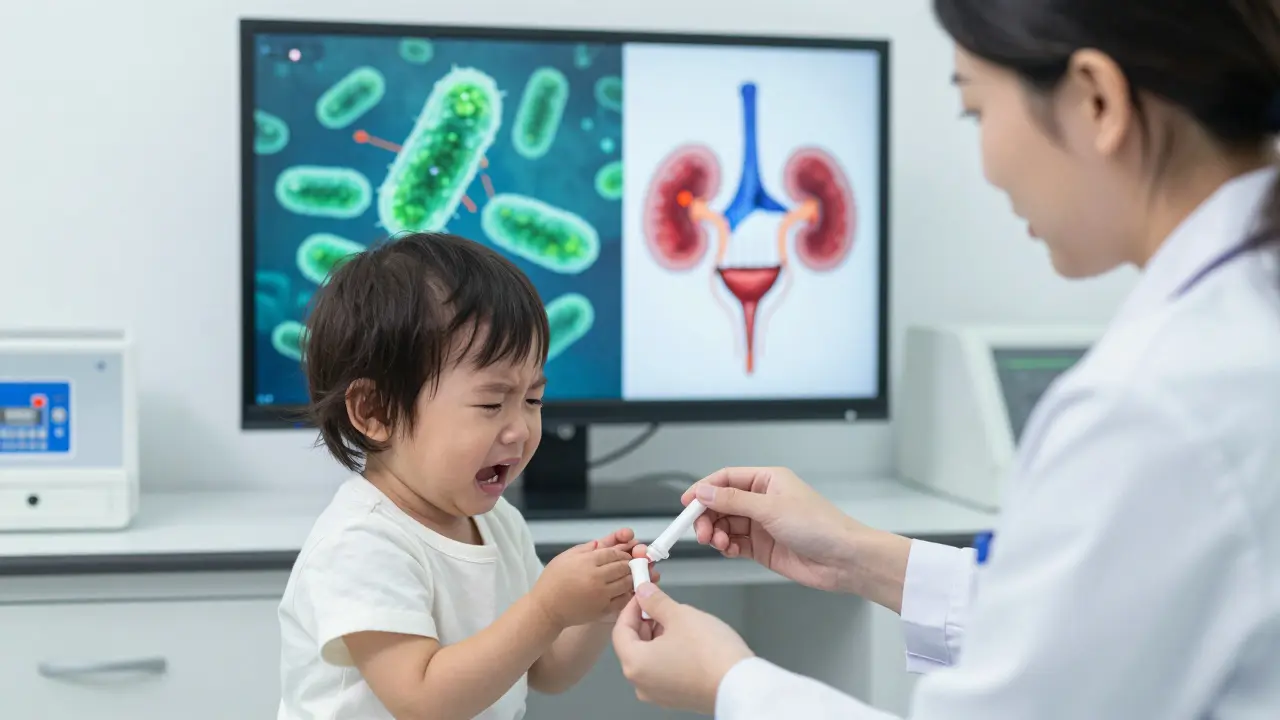 Pediatr sbírá močový vzorek u dítěte, rodič pozoruje.