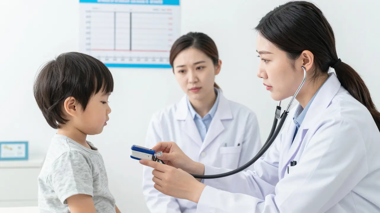 Pediatr vyšetřuje dítě stetoskopem v klinice, na prstu je pulsní oxymetr.