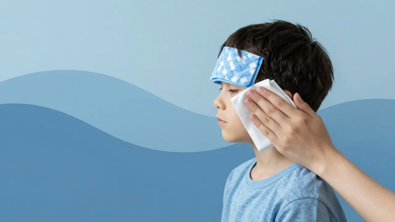 Rodič aplikuje chladný obklad na dítě, bavlněné oblečení