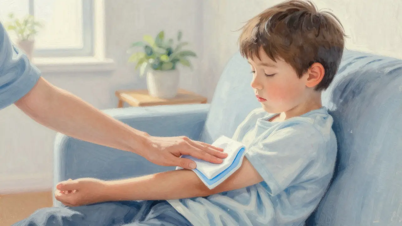 Rodič aplikuje chladný obklad na paži dítěte, klidná atmosféra.