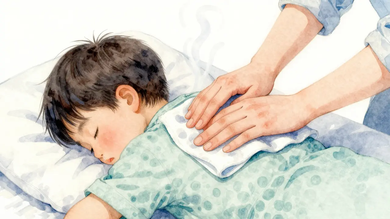 Rodič aplikuje chladný obklad na záda dítěte