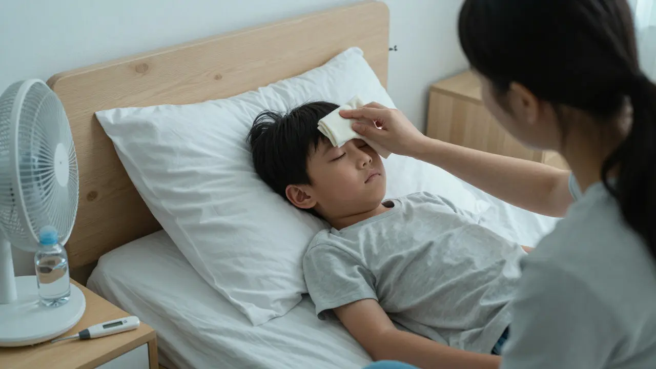 Rodič položí chladný kapesník na čelo dítěte, které spí, v chladné místnosti s vodou a teploměrem na nočním stolku.