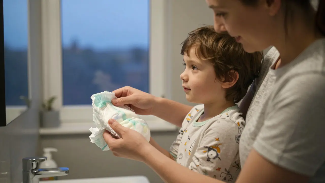 Rodič pomáhá dítěti měnit pyžamo v koupelně s klidnou, podporující atmosférou.