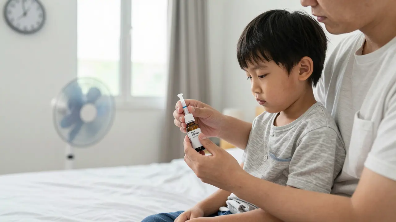 Rodič přesně dává dítěti paracetamol pomocí dávkovače, dítě sedí na kolenou, v pozadí je pokoj s otevřeným oknem.