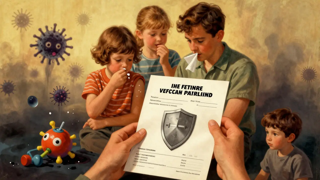 Rodina s očkovacími pasy, chráněná imunitou, zatímco neočkované dítě čelí nebezpečí.