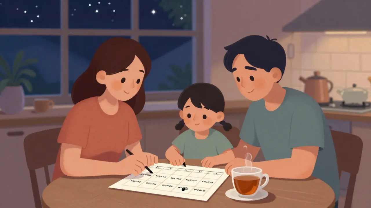 Rodina společně sleduje tabulku nočního pomočování v kuchyni, klidná a podporující atmosféra.