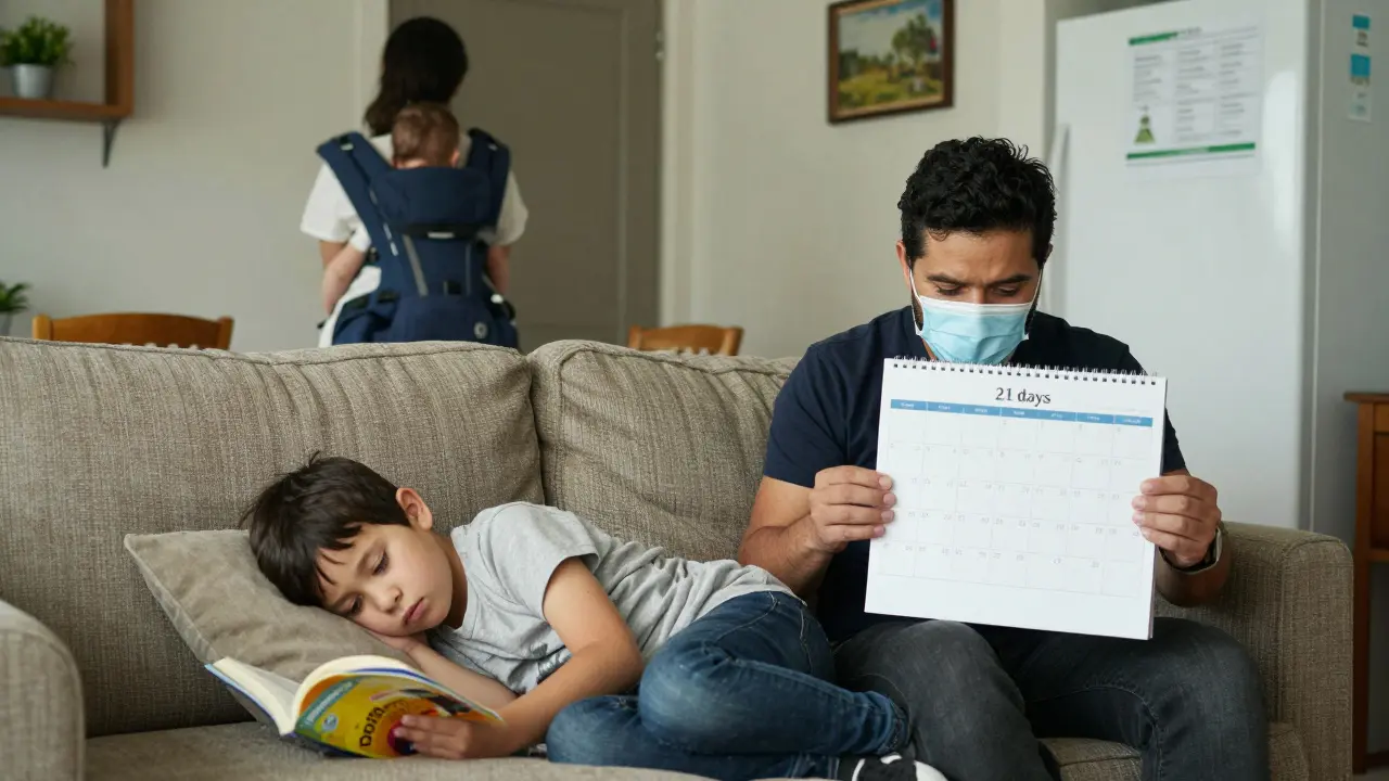 Rodina v obývacím pokoji, jedno dítě odpočívá, druhé čte, malé dítě v kočárku, na ledničce očkovací záznam.