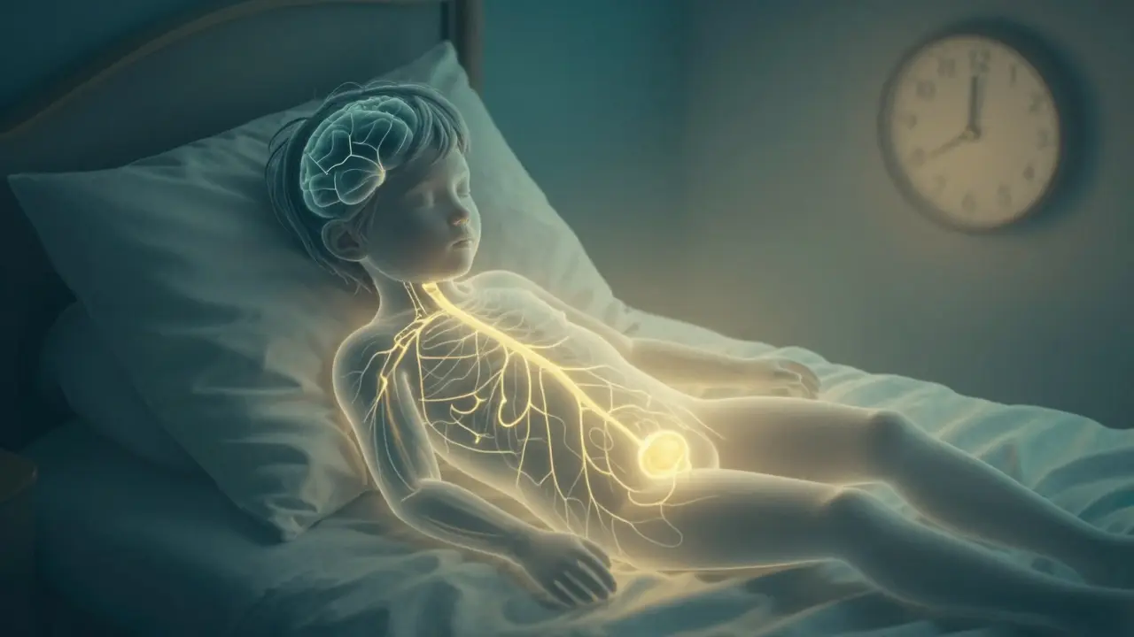 Schematický obraz vývoje nervového systému dítěte, který propojuje močový měchýř s mozkem v noci.