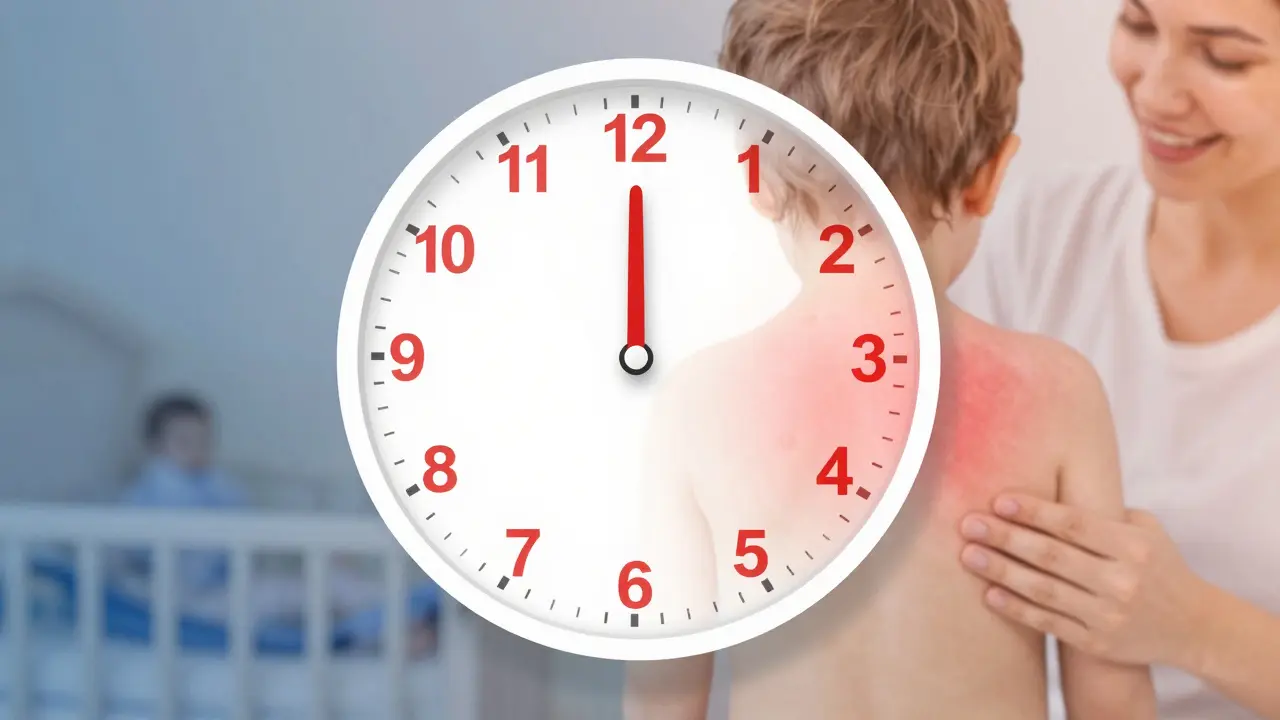 Symbolický obraz třídenní horečky přecházející do vyrážky, znázorňující přirozený průběh onemocnění.