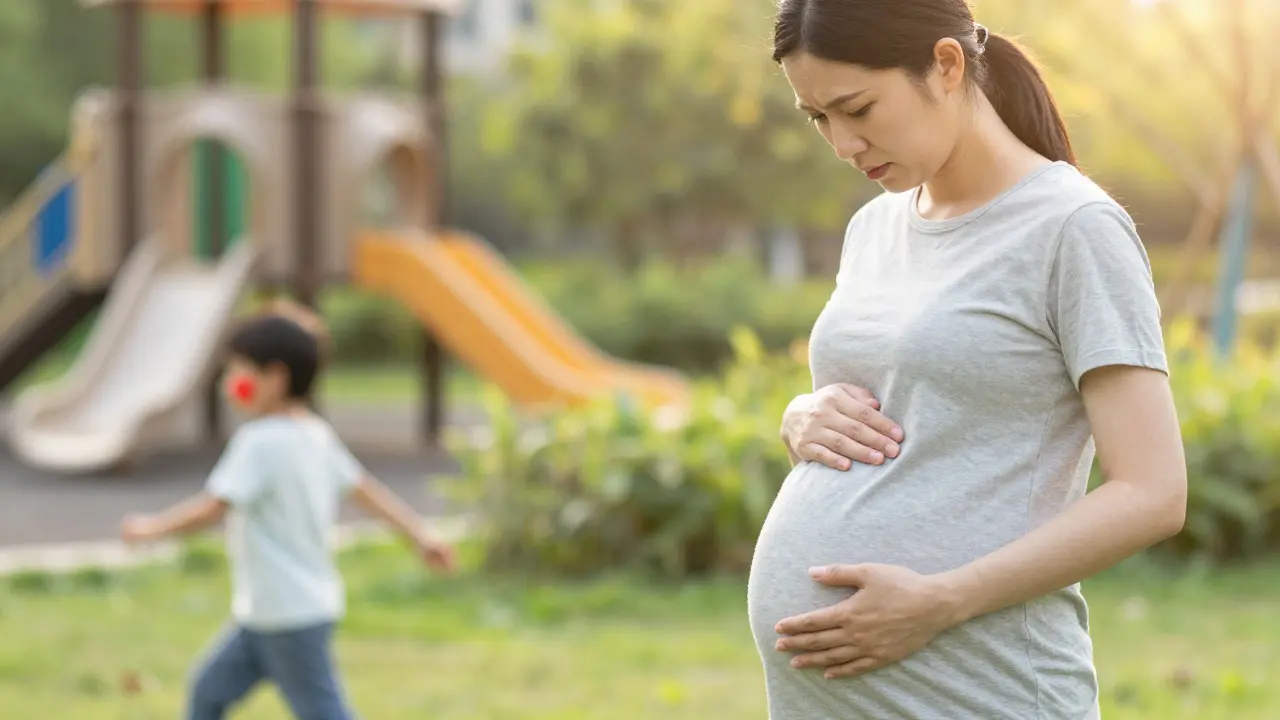 Těhotná žena pozoruje dítě s červenými tvářemi, které běží přes zahradu.