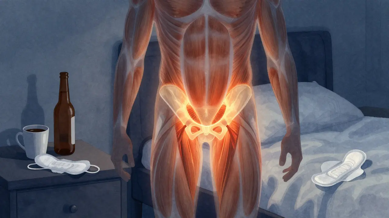 Transparentní silueta muže s vysvětlenými svaly pánve, vedle něj tiché symboly změny životního stylu.