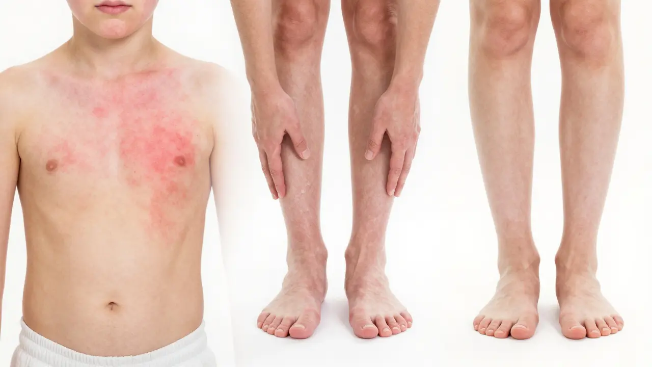 Tři fáze hojení spály: vyrážka, šupinkování a obnova zdravé kůže, bez textu, jen vizuální průběh.