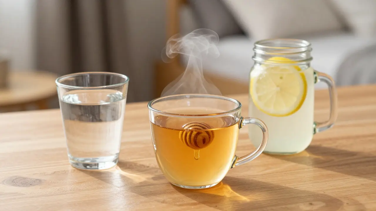 Tři přirozené nápoje pro hydrataci při horečce: voda, čaj a domácí elektrolytový nápoj.