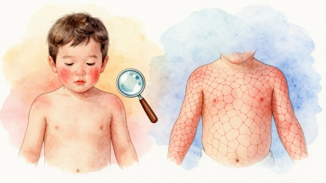 Vyrážka v podobě 'políbených' tváří a síťovitého vzoru na těle, ilustrace v vodových barvách.