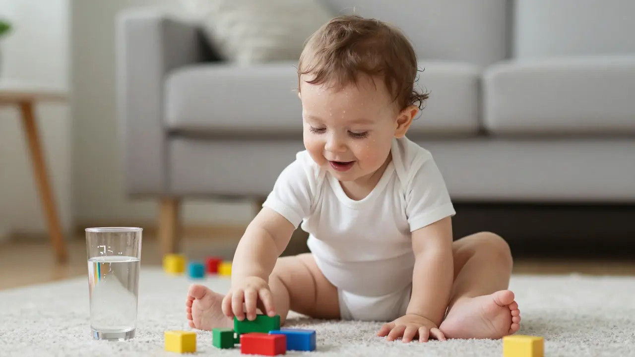 14měsíční dítě hrající si na podlaze v lehkém oblečení, s mírným potem a sklenicí vody poblíž.