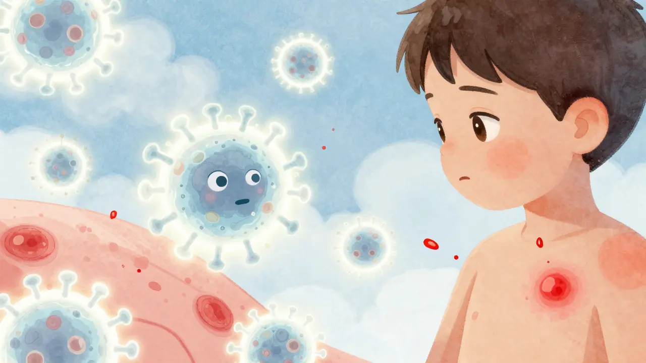 Abstraktní znázornění imunitní reakce těla na virus, která způsobuje kopřivku.