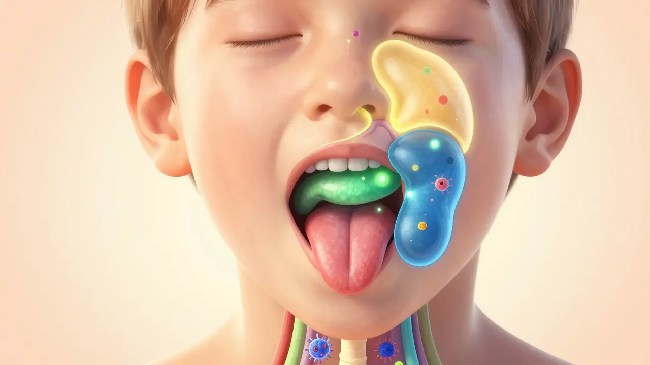 Anatomická ilustrace tří párů slinných žláz u dítěte s viditelnou imunitní reakcí.