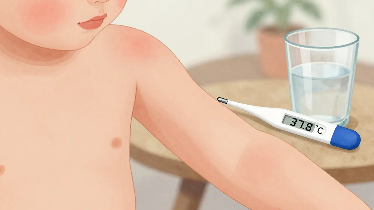 Detail kůže s mírnou vyrážkou bez svědění, teplota pod 38 °C, voda na stole.