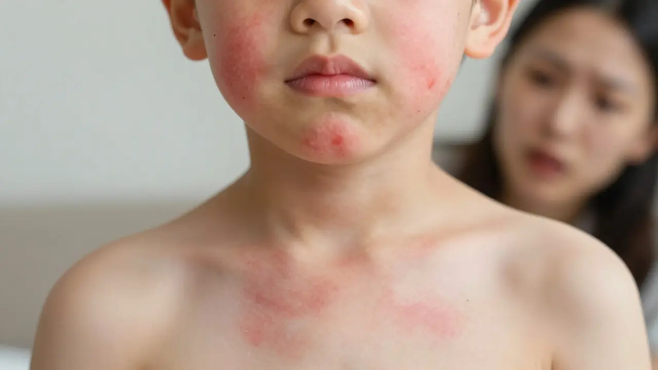 Detailní záběr vyrážky spalniček na kůži dítěte, jak se šíří z obličeje dolů po krku a hrudníku.