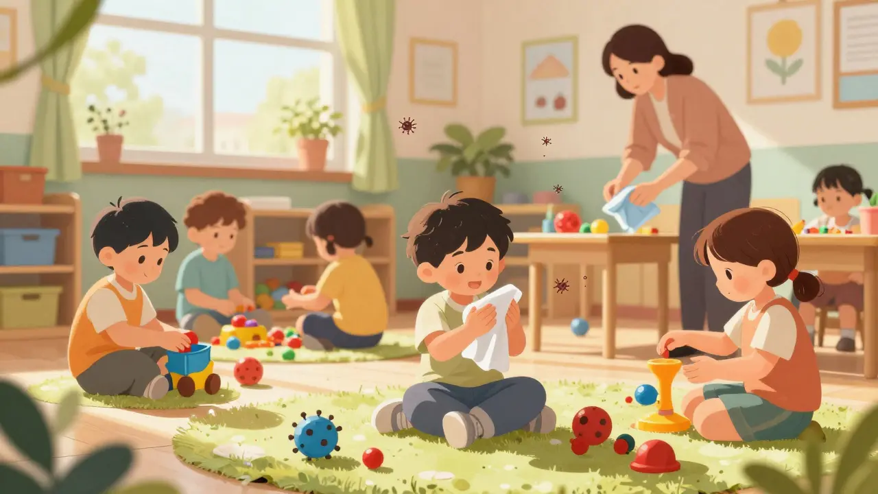 Děti ve školce hrají, učitelka dezinfikuje hračku.