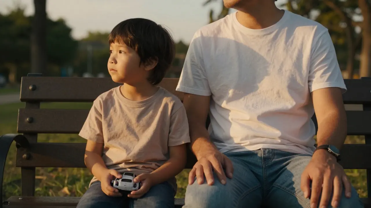 Dítě a rodič sedí vedle sebe na lavičce, nekoukají na sebe, jenom v záři západu.