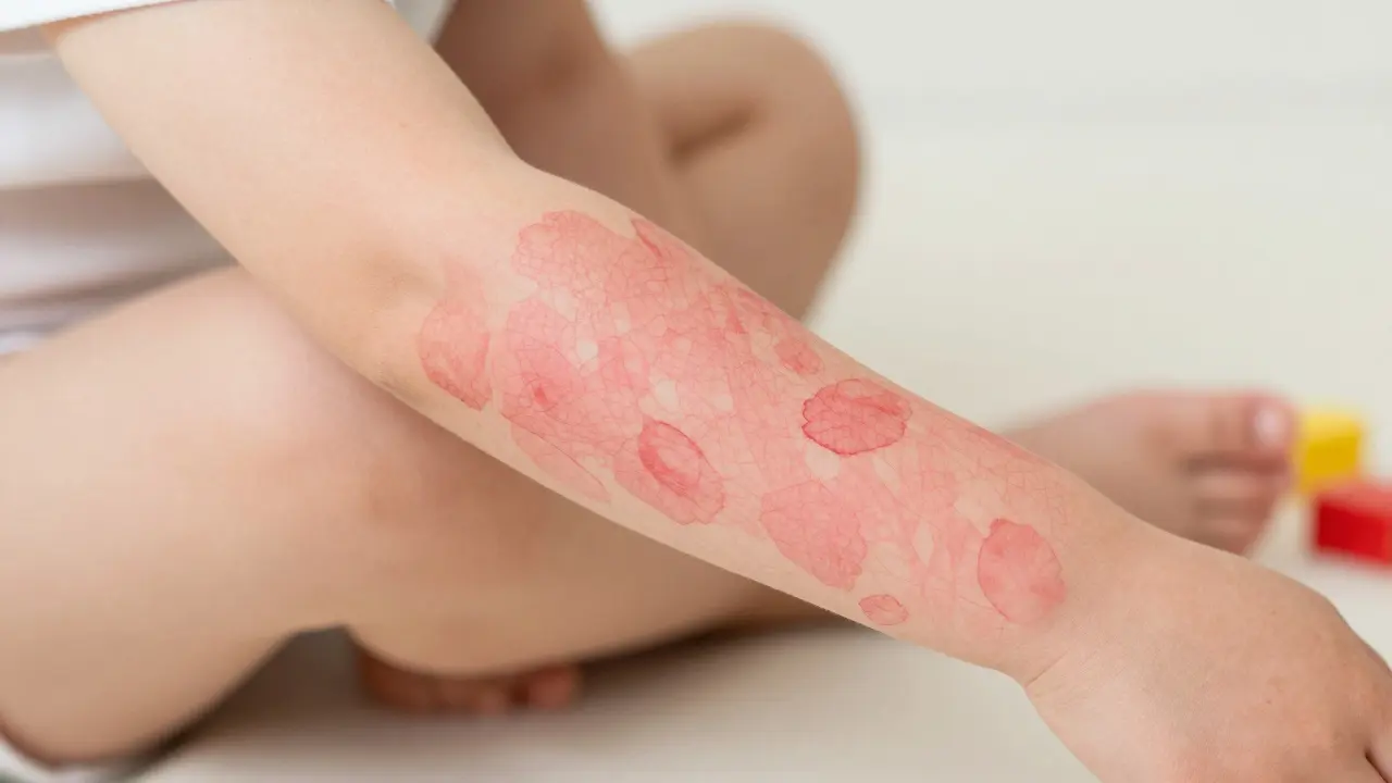 Dítě na rukou a nohou s lacinovitou červenou vyrážkou, která vypadá jako vodové štětce.
