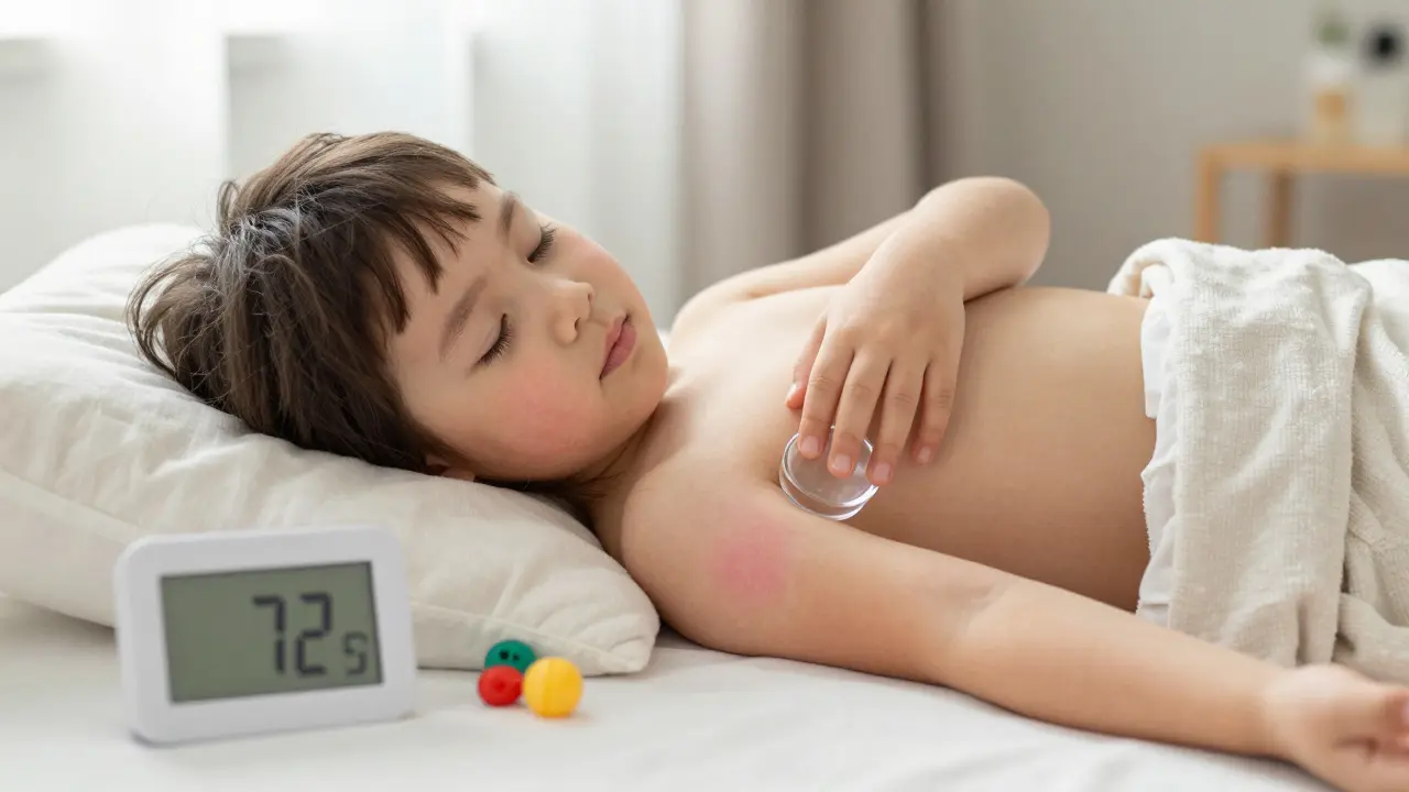 Dítě s jemnou vyrážkou na těle, skleněný pohár stisknutý na kůži, klidné osvětlení, tichá domácnost.