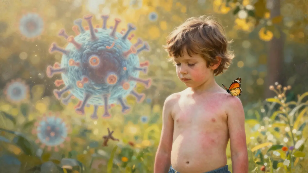 Dítě s jemnou vyrážkou stojí v slunečném zahradě, virus se rozplynuvší v pozadí.