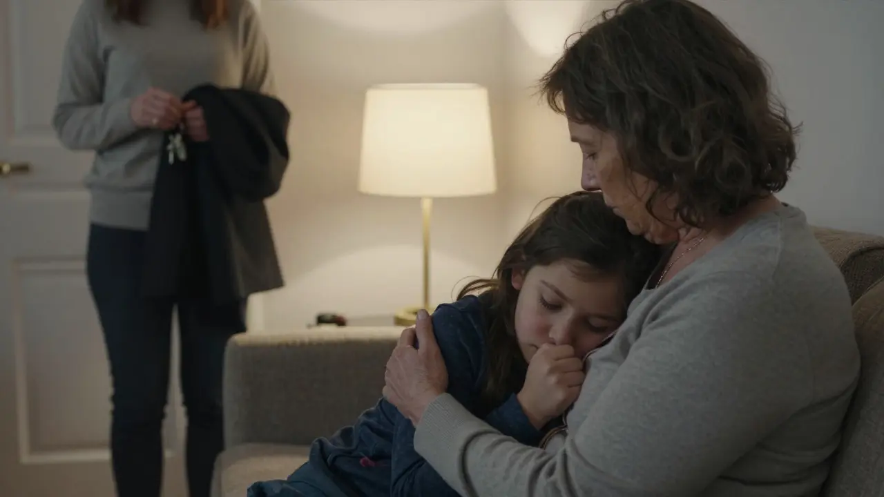 Dítě se přitisklo k babičce na kanapě, zatímco rodič stojí v dveřích ve stínu.