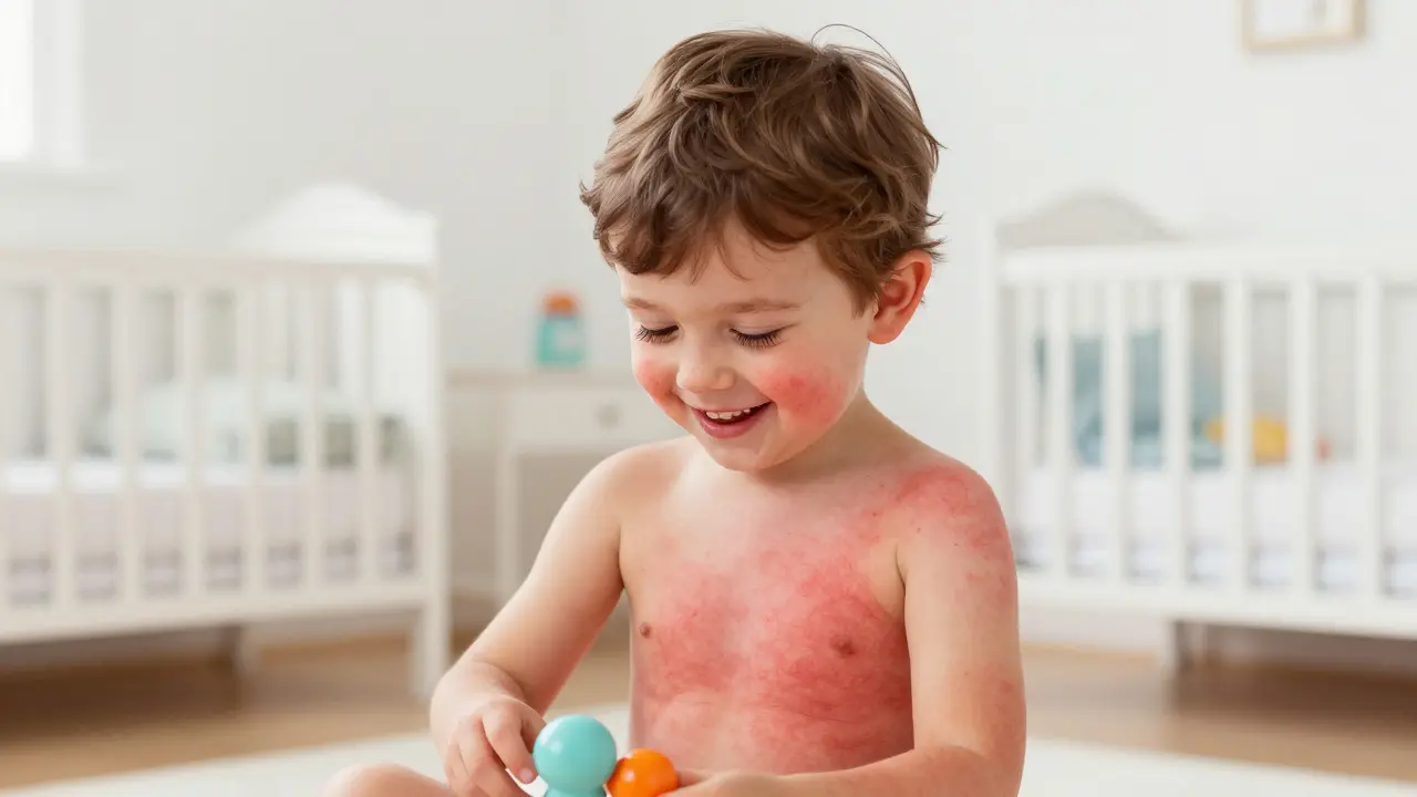 Dítě se směje, když se na těle objevují jemné červené skvrny po poklesu horečky.