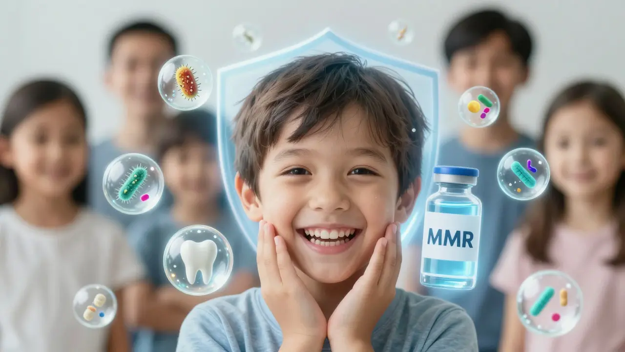 Dítě se směje, kolem něj plavou kapičky sliny a svítí očkovací štít s MMR značkou.