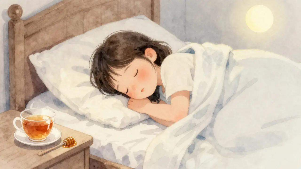 Dítě spí s hlavou zvýšenou a skleničkou čaje vedle postele.