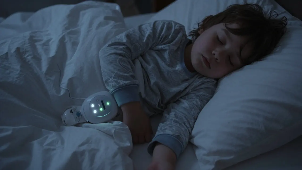 Dítě spí v posteli s alarmem na pyžamu, který signalizuje noční pomočování.