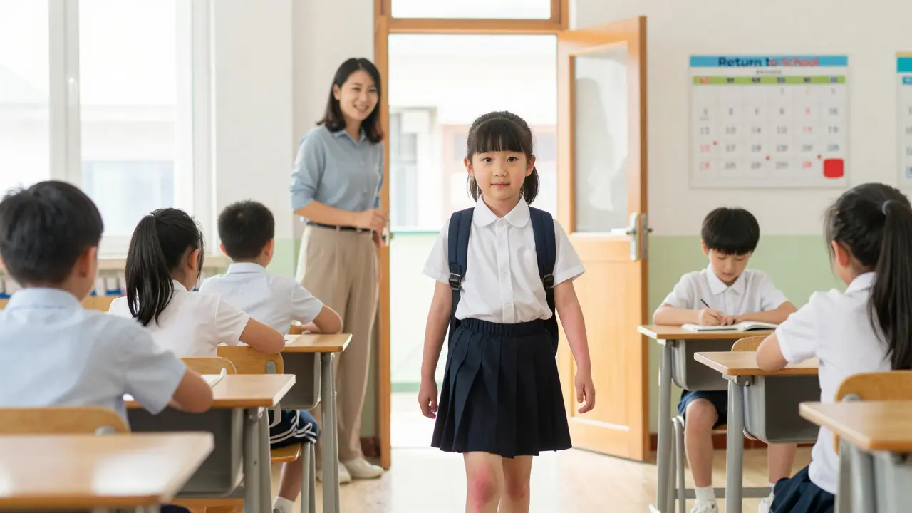 Dítě vstupuje do třídy s viditelnou vyrážkou, učitelka ho vítá, ostatní děti hrají