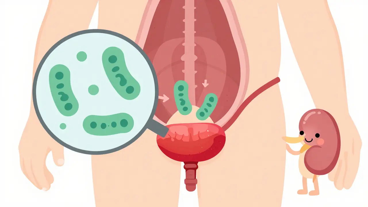 Ilustrace močových cest s bakteriemi E. coli cestujícími z konečníku do močové trubice.