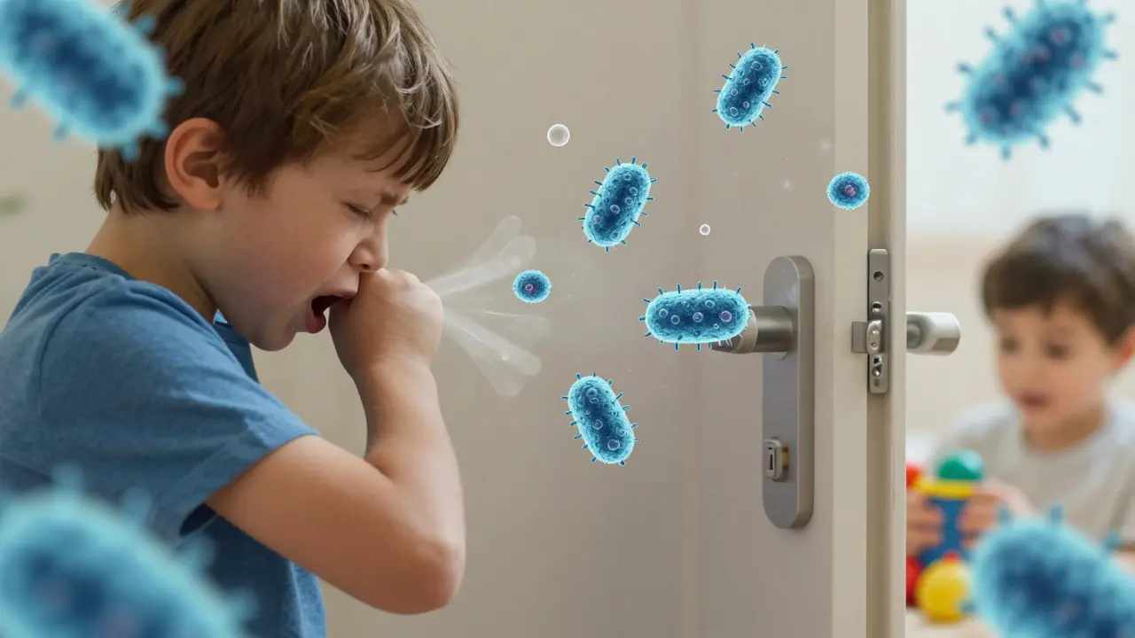 Kapky sliny s bakteriemi Streptococcus pyogenes se šíří vzduchem od kašlajícího dítěte k dveřní kliku a hračce.