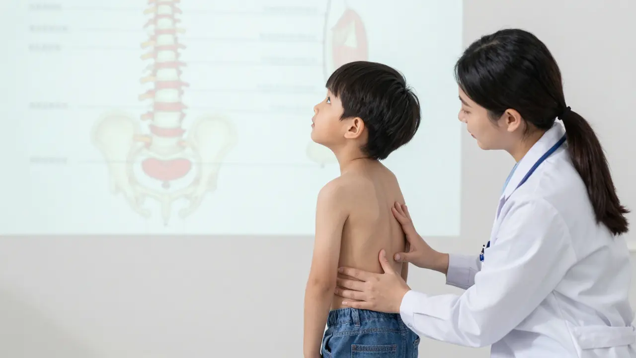 Lékař provádí fyzikální vyšetření dítěte, zkoumá břicho a páteř s klidnou a podporující atmosférou.