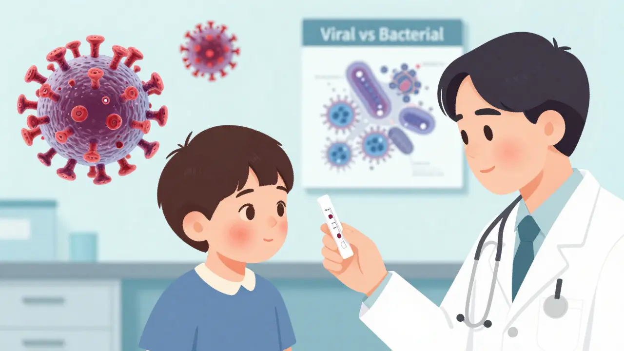 Lékař ukazuje rychlý test na streptokok vedle dítěte s vyrážkou, výklad virové a bakteriální infekce