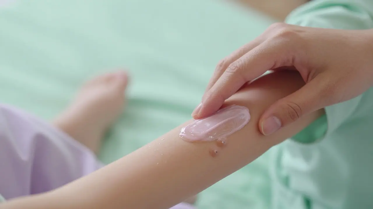Nanášení kalaminového lotiónu na podrážděnou pleť